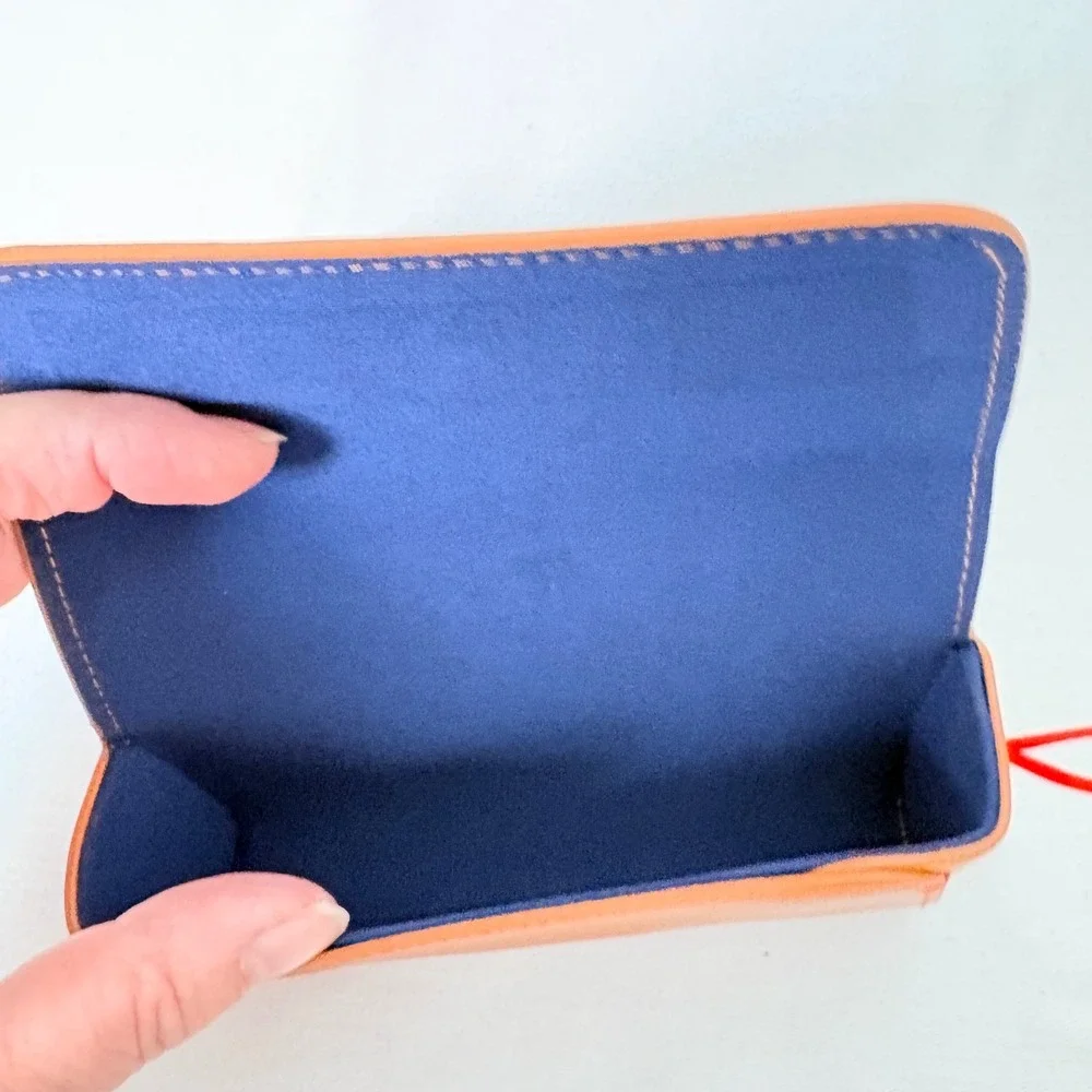 Fossil Tan Leather Eyeglass Case Blue Felt Lining Red Pull Tab Logo Accessory